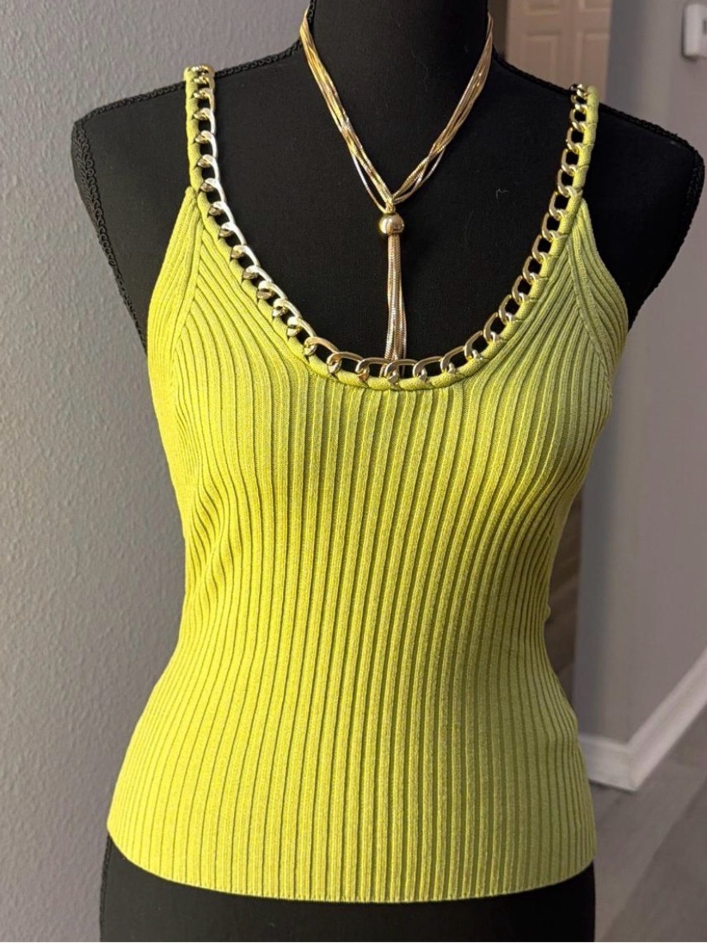 Chain-Trim Lime Ribbed Tank Top